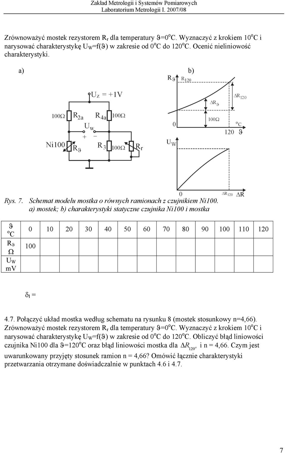 80 90 100 110 120 100 δ l 4.7. Połączyć układ mostka według schematu na rysunku 8 (mostek stosunkowy n4,66). równoważyć mostek rezystorem r dla temperatury ϑ0 o C.
