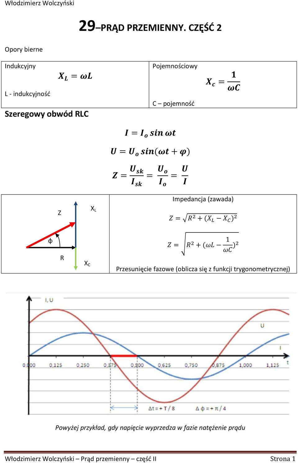 = ( + ) = = = = Z X L Impedancja (zawada) = + ( ) φ R X C = + ( 1 ) Przesunięcie fazowe (oblicza