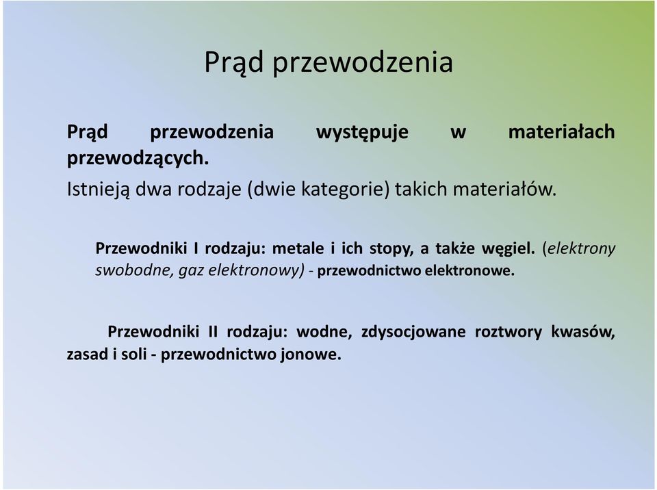 Przewodniki rodzaju: metale i ich stopy, a także węgiel.