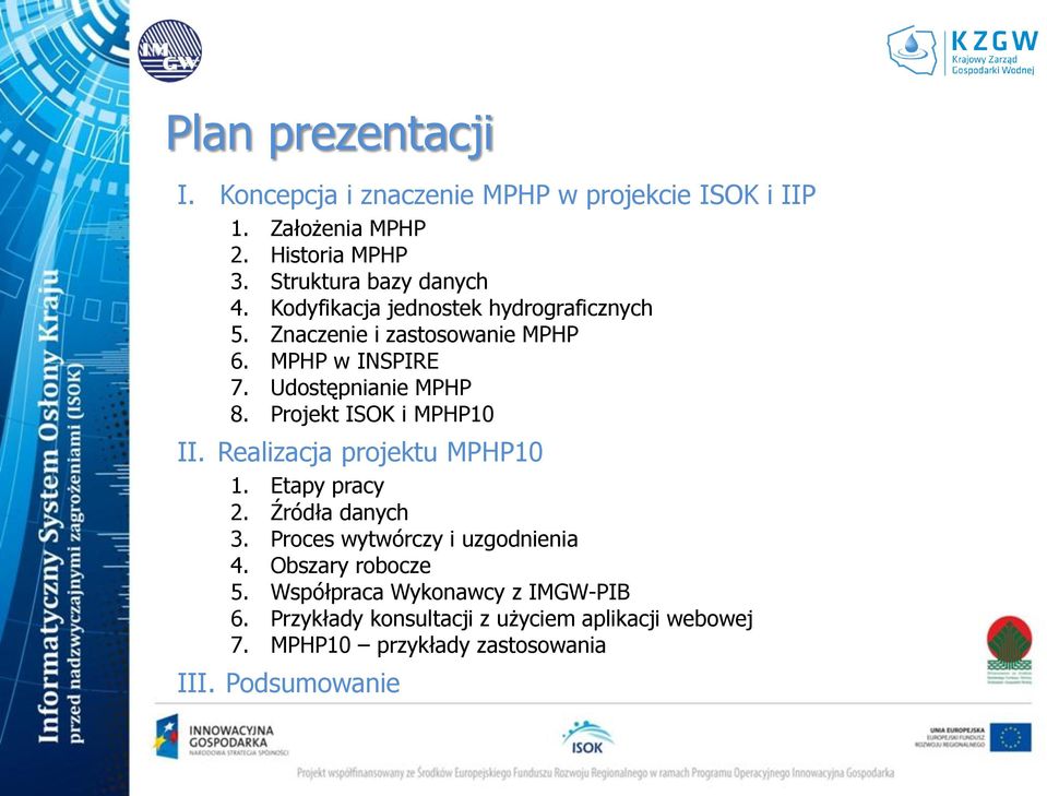 Udostępnianie MPHP 8. Projekt ISOK i MPHP10 II. Realizacja projektu MPHP10 1. Etapy pracy 2. Źródła danych 3.