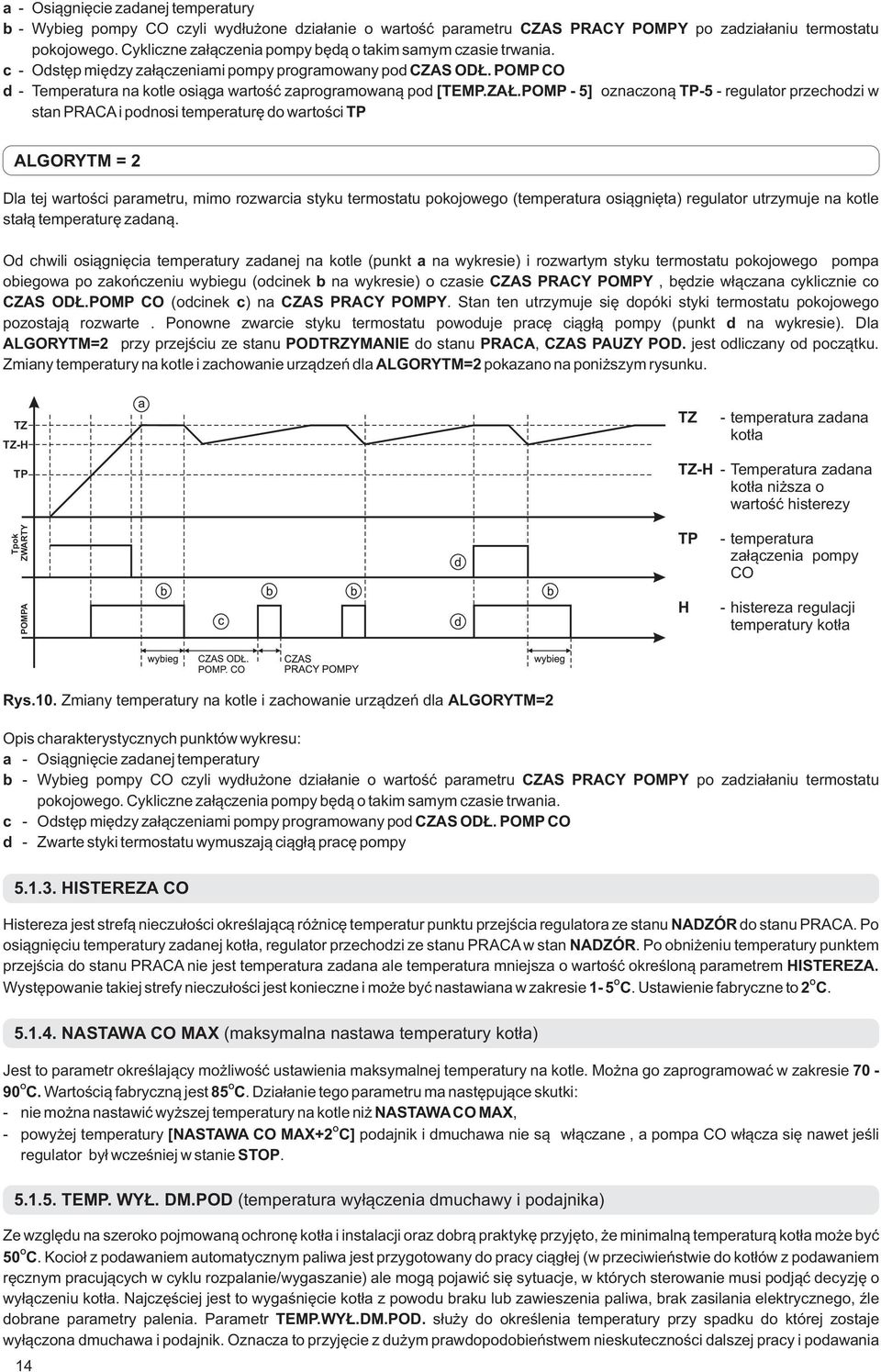 PMP - 5] oznaczoną TP-5 - regulator przechodzi w stan PRAA i podnosi temperaturę do wartości TP ALGRYTM = 2 Dla tej wartości parametru, mimo rozwarcia styku termostatu pokojowego (temperatura