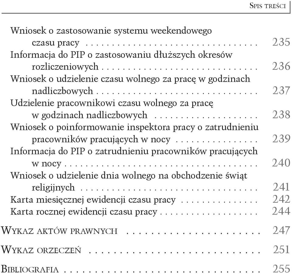 pracy o zatrudnieniu pracowników pracujących w nocy 239 Informacja do PIP o zatrudnieniu pracowników pracujących w nocy 240 Wniosek o udzielenie dnia wolnego na