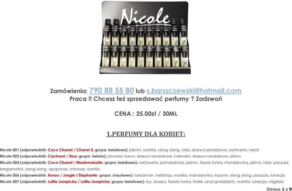 grupa: świeże): piwonia, kawa, drzewo sandałowe, kolendra, drzewo sandałowe, piżmo Nicole 004 (odpowiednik: Coco Chanel / Mademoiselle; grupa: kwiatowe): wetyweria, pomarańcza, jaśmin, fasola tonka,