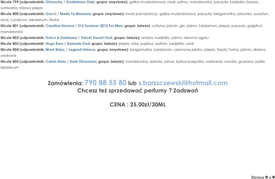 Summer 2013 For Men; grupa: świeże): cytryna, jaśmin, gin, piżmo, kardamon, pieprz, paczula, grejpfrut, mandarynka Nicole 802 (odpowiednik: Dolce & Gabbana / Velvet Desert Oud; grupa: świeże): ambra,