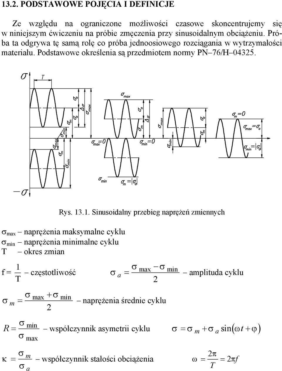 .1. Sinusoidalny przebieg naprężeń zmiennych σ max naprężenia maksymalne cyklu σ min naprężenia minimalne cyklu T okres zmian f = 1 T σ m = σ max σ min częstotliwość σ a =