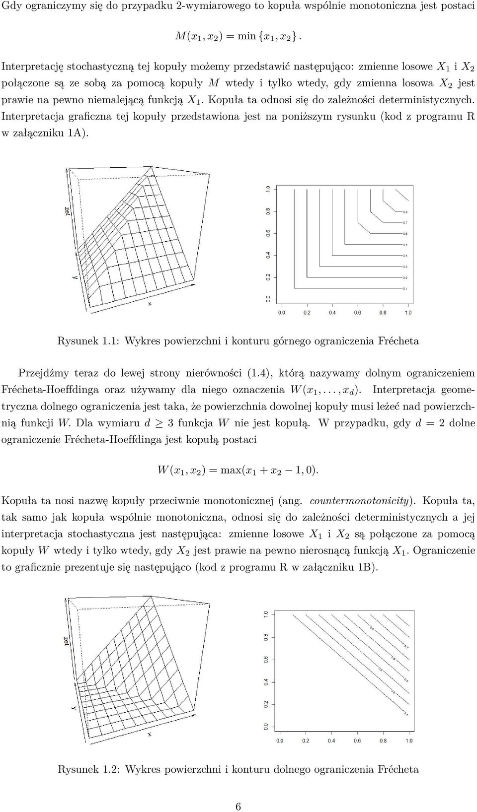 pewno niemalejącą funkcją X 1. Kopuła ta odnosi się do zależności deterministycznych. Interpretacja graficzna tej kopuły przedstawiona jest na poniższym rysunku (kod z programu R w załączniku 1A).