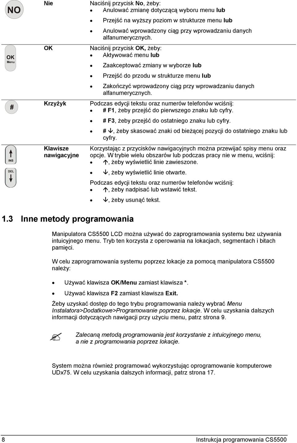 Naciśnij przycisk OK, żeby: Aktywować menu lub Zaakceptować zmiany w wyborze lub Przejść do przodu w strukturze menu lub Zakończyć wprowadzony ciąg przy wprowadzaniu  Podczas edycji tekstu oraz