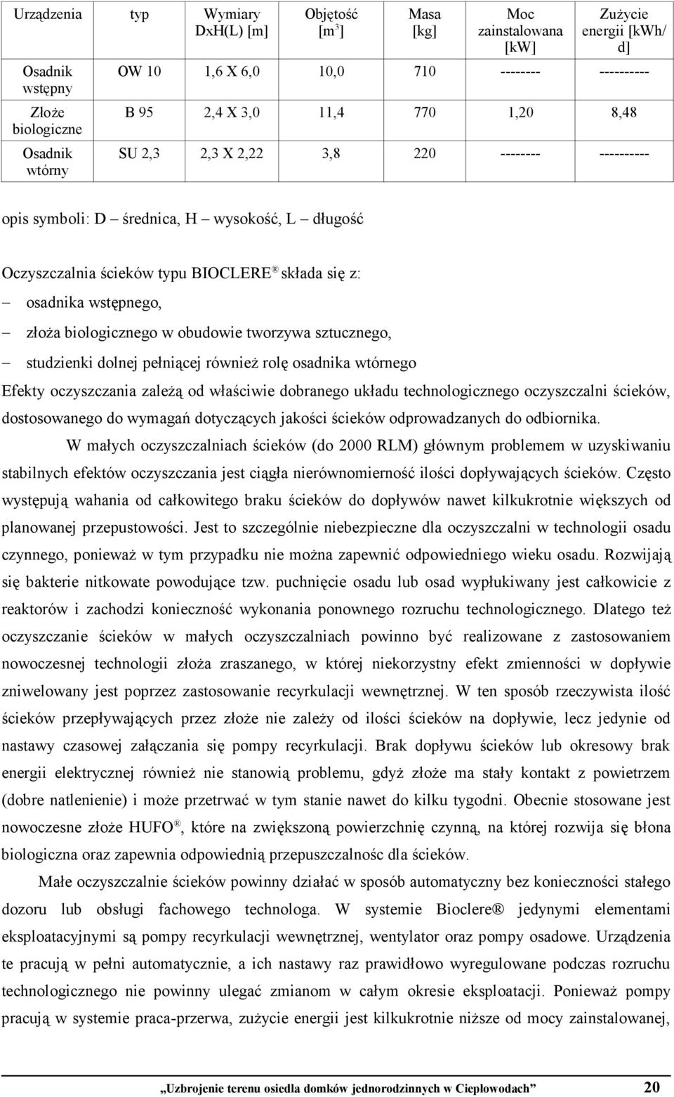 wstępnego, złoŝa biologicznego w obudowie tworzywa sztucznego, studzienki dolnej pełniącej równieŝ rolę osadnika wtórnego Efekty oczyszczania zaleŝą od właściwie dobranego układu technologicznego