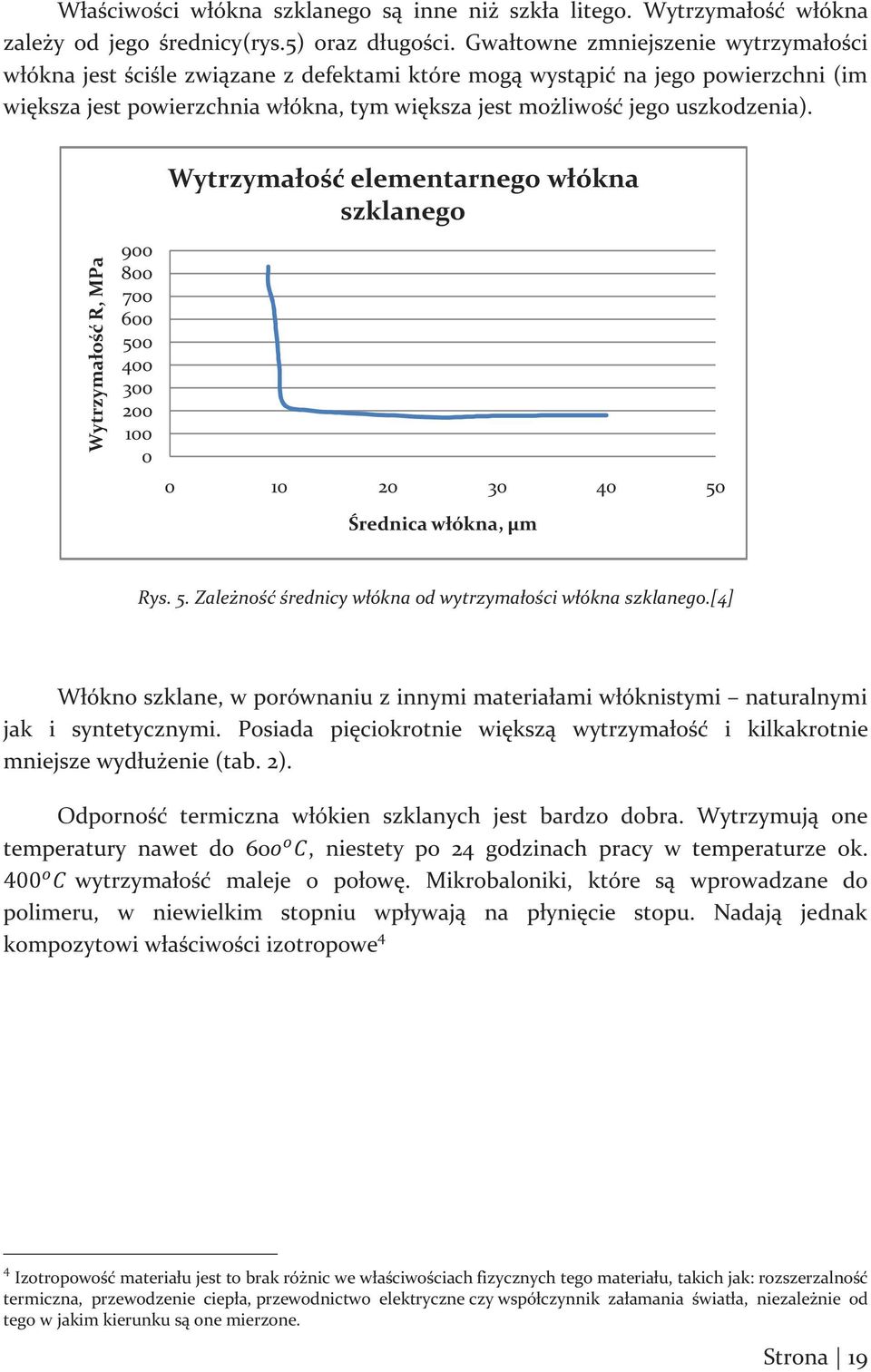 Wytrzymałość R, MPa 900 800 700 600 500 400 300 200 100 0 Wytrzymałość elementarnego włókna szklanego 0 10 20 30 40 50 Średnica włókna, µm Rys. 5. Zależność średnicy włókna od wytrzymałości włókna szklanego.