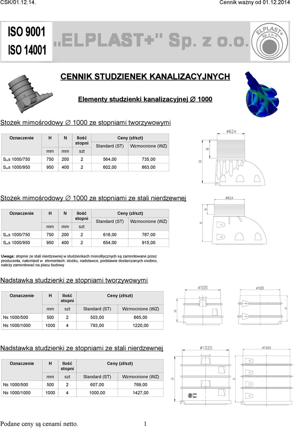 616,00 787,00 S ms 1000/950 950 400 2 654,00 915,00 Uwaga: e ze stali nierdzewnej w studzienkach monolitycznych są zamontowane przez Nadstawka studzienki ze ami tworzywowymi mm szt Standard (ST)