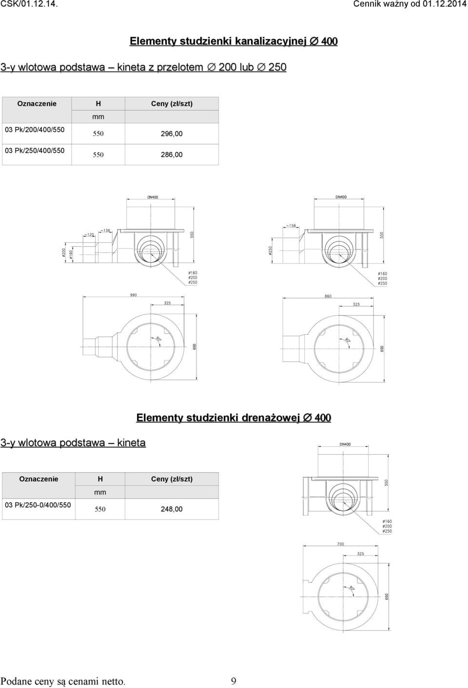 DN400 DN400 650 Elementy studzienki drenażowej 400 3-y wlotowa podstawa kineta