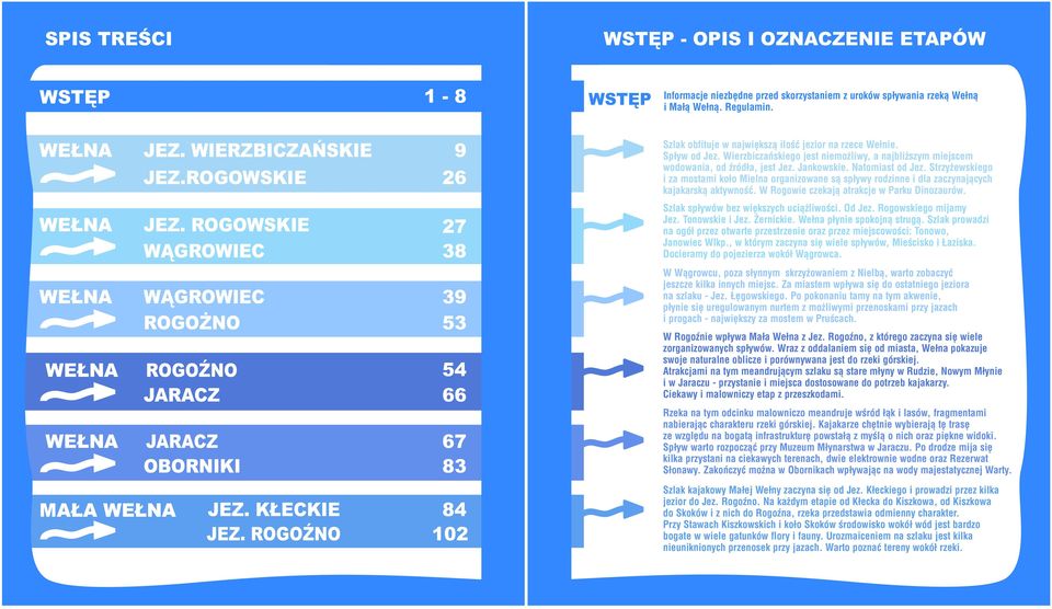ROGOŹNO 26 27 38 39 53 54 66 67 83 84 102 Szlak obfituje w największą ilość jezior na rzece Wełnie. Spływ od Jez.