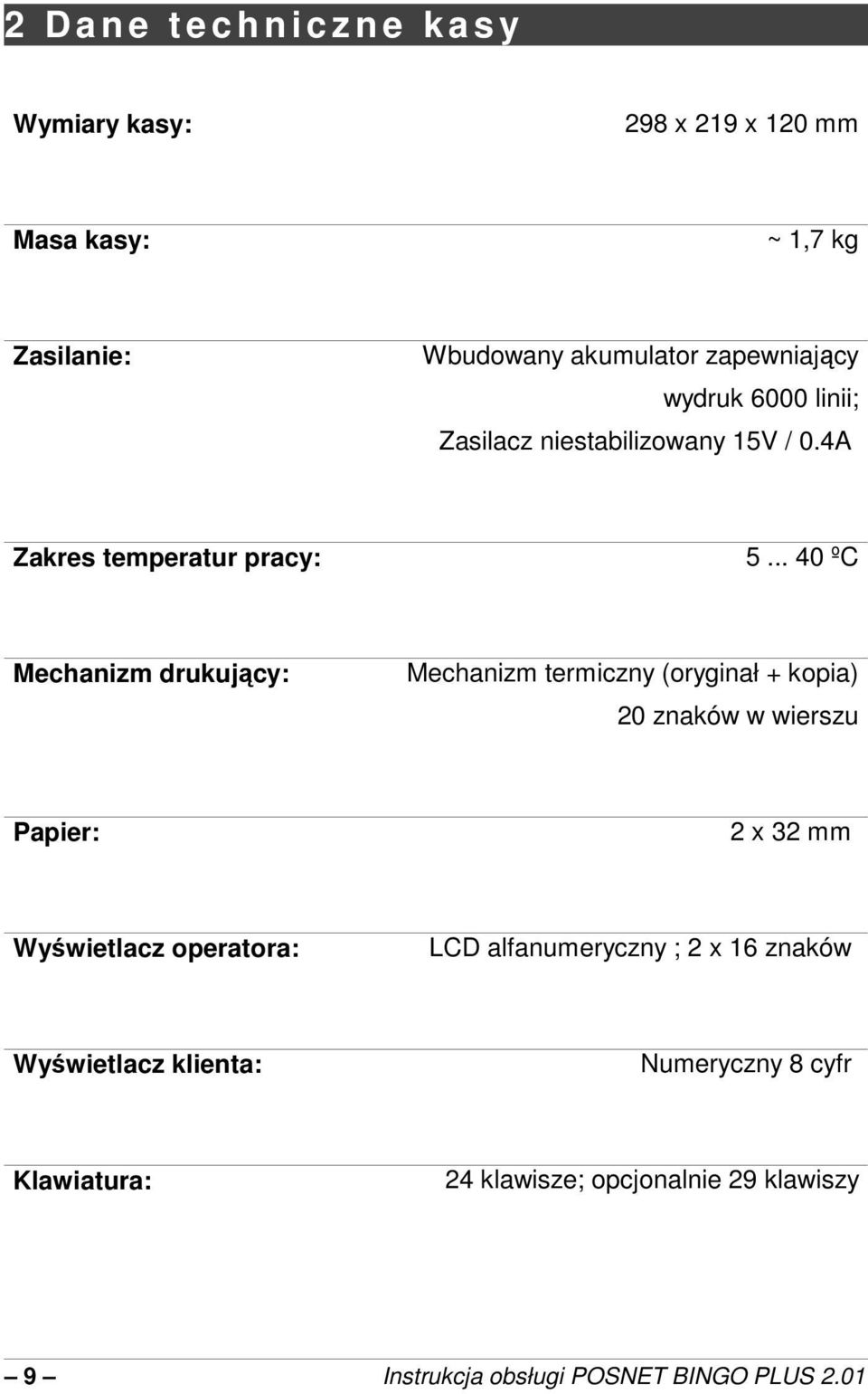 .. 40 ºC Mechanizm drukujcy: Mechanizm termiczny (oryginał + kopia) 20 znaków w wierszu Papier: 2 x 32 mm Wywietlacz operatora: