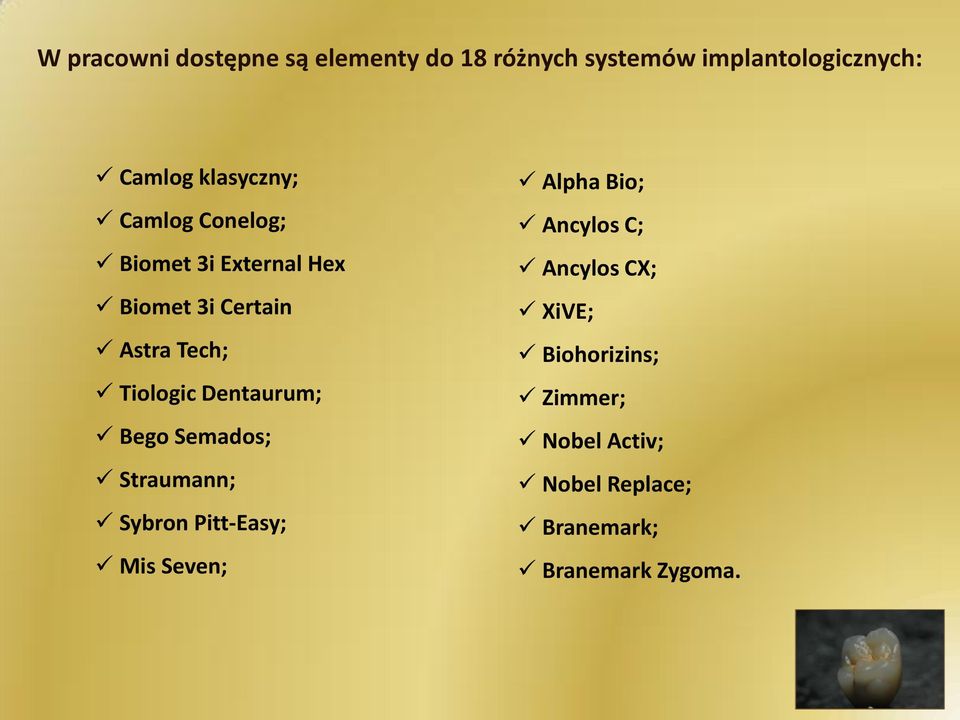 Dentaurum; Bego Semados; Straumann; Sybron Pitt-Easy; Mis Seven; Alpha Bio; Ancylos C;