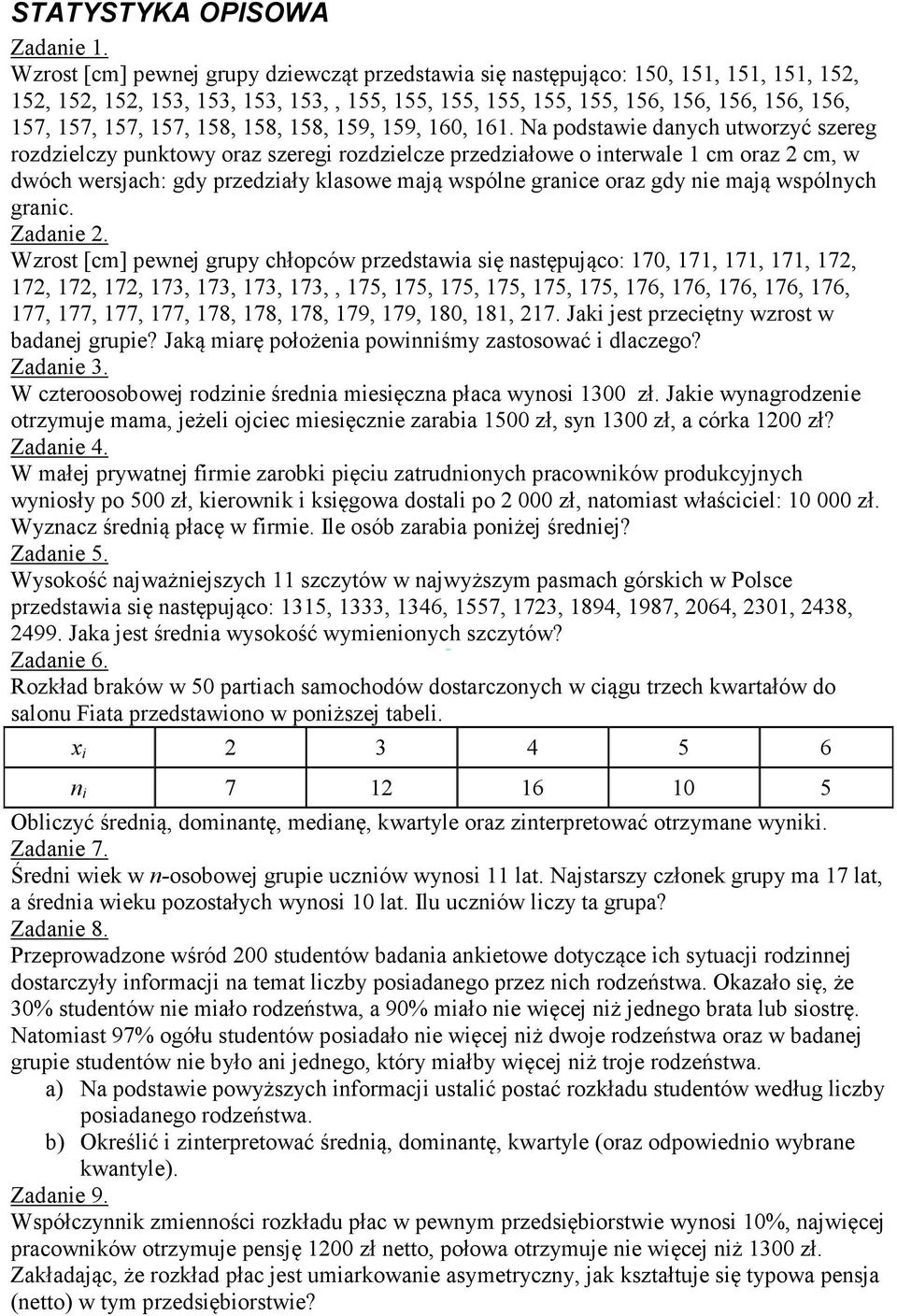 Na podstawie danych utworzyć szereg rozdzielczy punktowy oraz szeregi rozdzielcze przedziałowe o interwale cm oraz 2 cm, w dwóch wersjach: gdy przedziały klasowe mają wspólne granice oraz gdy nie