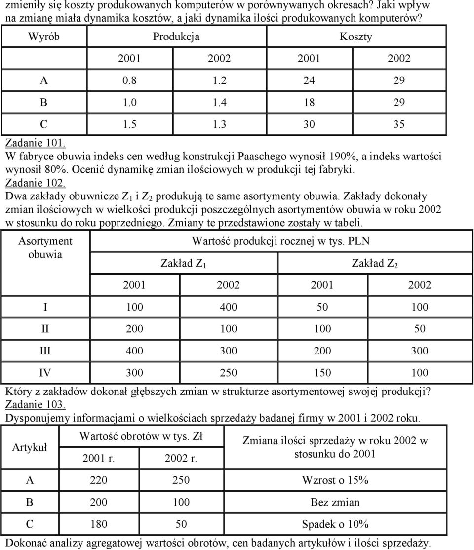 Ocenić dynamikę zmian ilościowych w produkcji tej fabryki. Zadanie 02. Dwa zakłady obuwnicze Z i Z 2 produkują te same asortymenty obuwia.