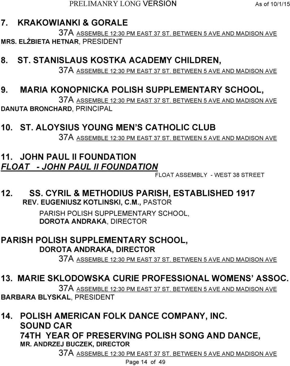 BETWEEN 5 AVE AND MADISON AVE 11. JOHN PAUL II FOUNDATION FLOAT - JOHN PAUL II FOUNDATION FLOAT ASSEMBLY - WEST 38 STREET 12. SS. CYRIL & METHODIUS PARISH, ESTABLISHED 1917 REV.