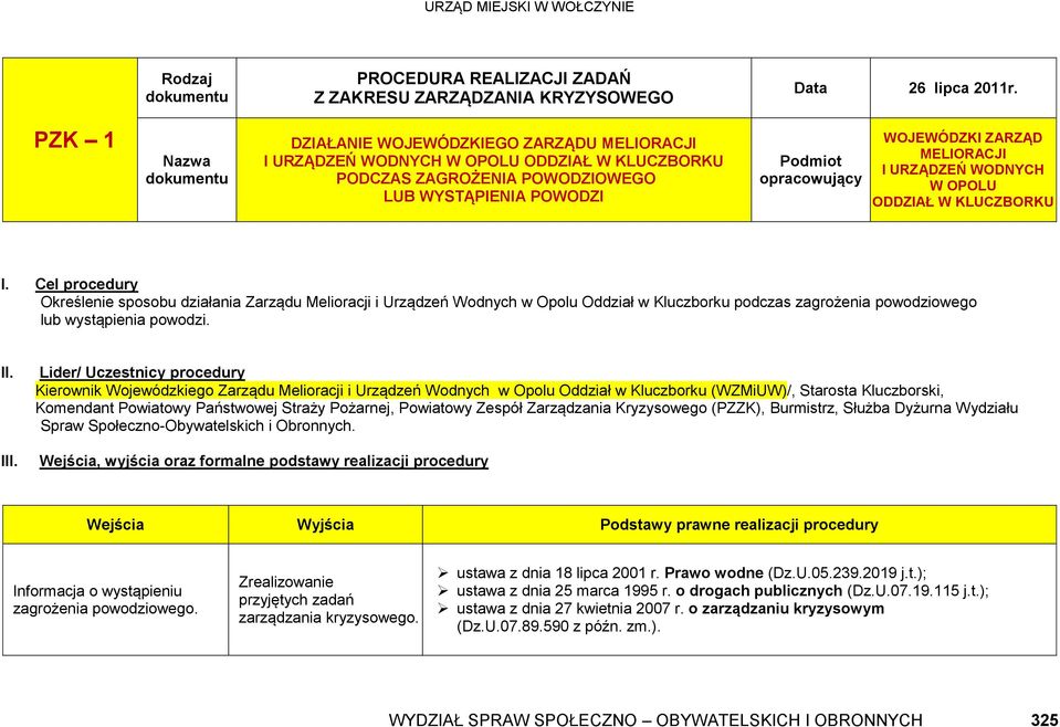 WOJEWÓDZKI ZARZĄD MELIORACJI I URZĄDZEŃ WODNYCH W OPOLU ODDZIAŁ W KLUCZBORKU I.