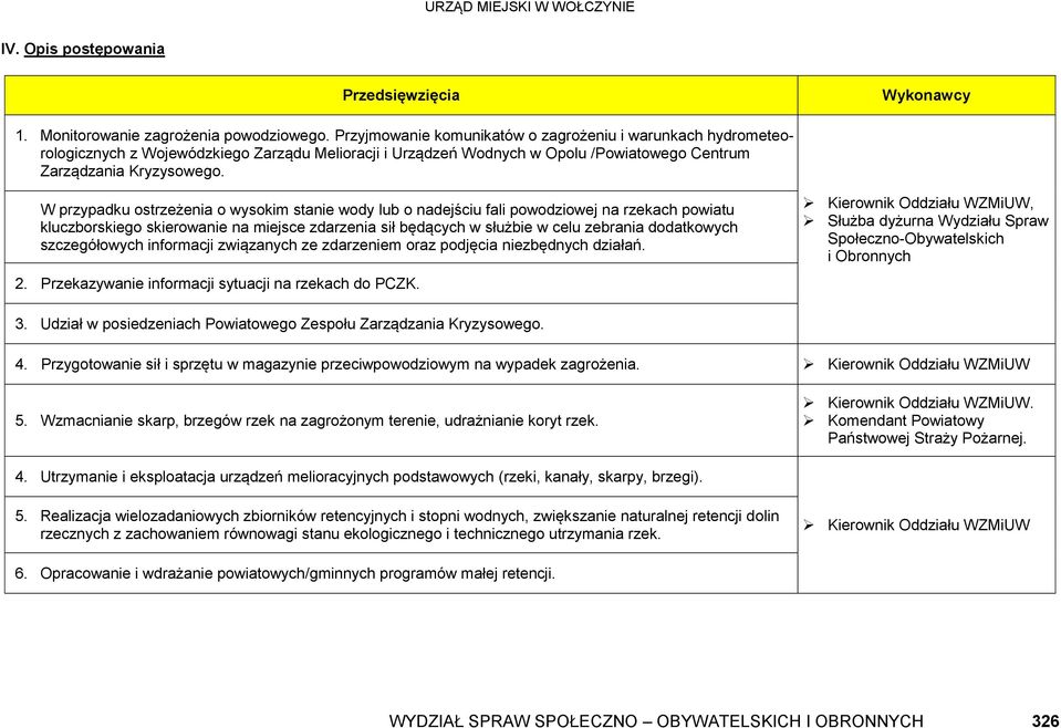 W przypadku ostrzeżenia o wysokim stanie wody lub o nadejściu fali powodziowej na rzekach powiatu kluczborskiego skierowanie na miejsce zdarzenia sił będących w służbie w celu zebrania dodatkowych