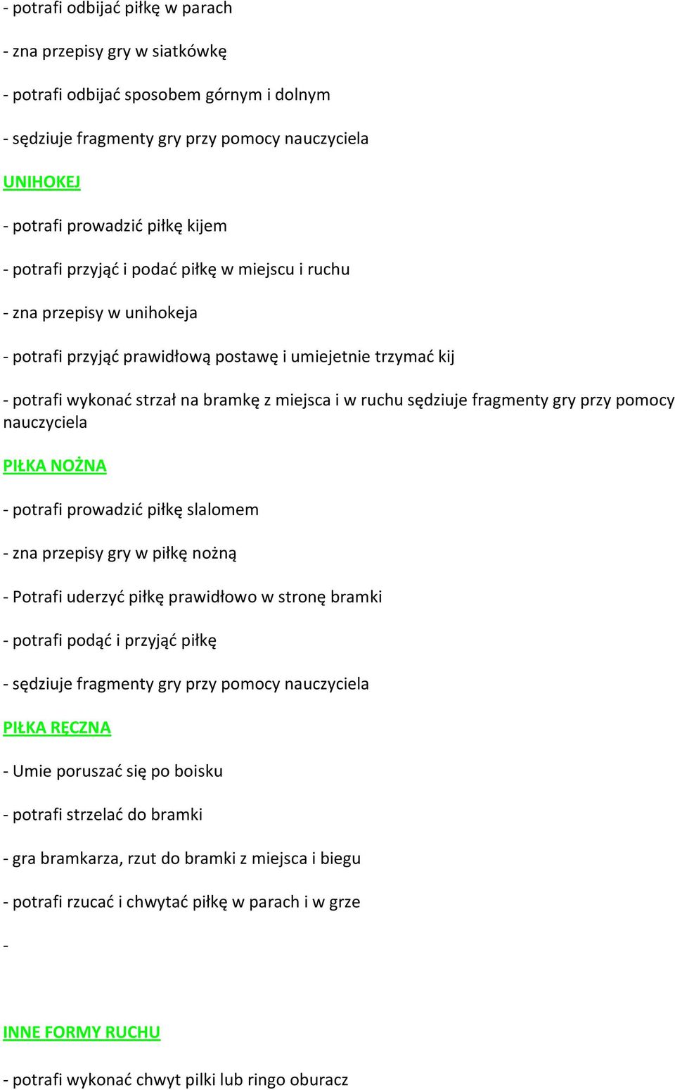 sędziuje fragmenty gry przy pomocy nauczyciela PIŁKA NOŻNA - potrafi prowadzić piłkę slalomem - zna przepisy gry w piłkę nożną - Potrafi uderzyć piłkę prawidłowo w stronę bramki - potrafi podąć i