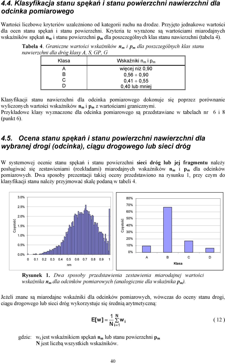Kryteria te wyrażone są wartościami miarodajnych wskaźników spękań n m i stanu powierzchni p m dla poszczególnych klas stanu nawierzchni (tabela 4). Tabela 4.