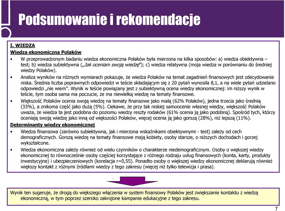 c) wiedza relatywna (moja wiedza w porównaniu do średniej wiedzy Polaków). Analiza wyników na różnych wymiarach pokazuje, że wiedza Polaków na temat zagadnień finansowych jest zdecydowanie niska.