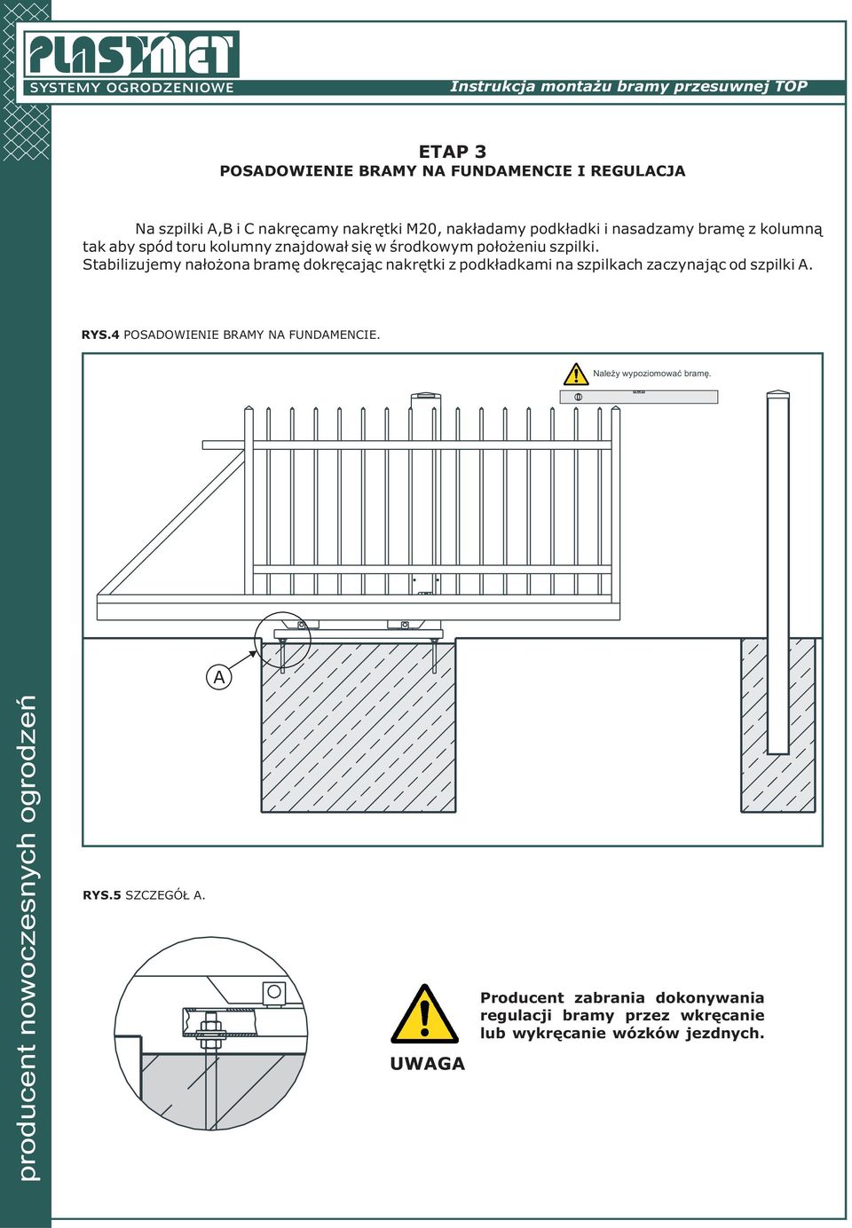Stabilizujemy nałożona bramę dokręcając nakrętki z podkładkami na szpilkach zaczynając od szpilki A. RYS.