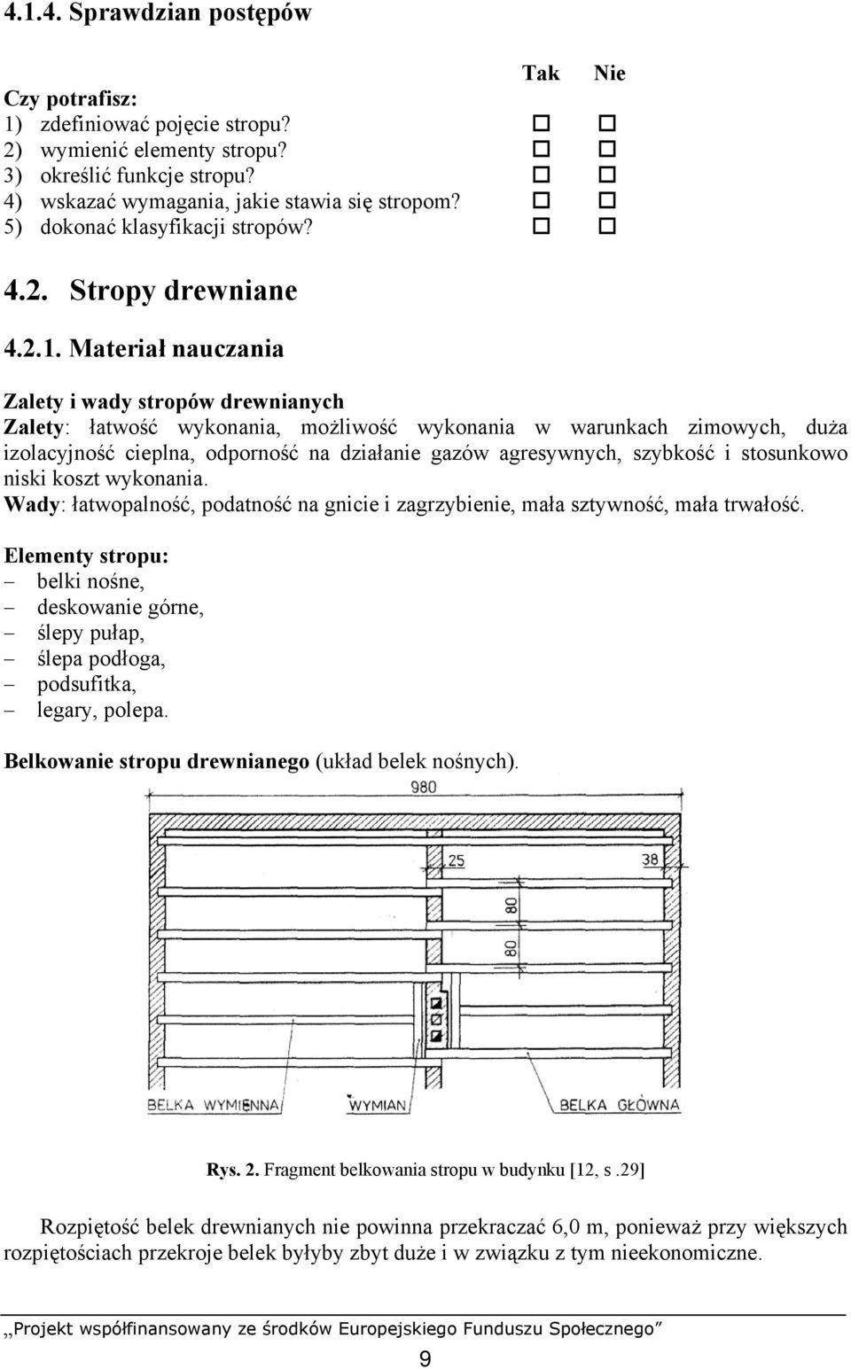 Materiał nauczania Zalety i wady stropów drewnianych Zalety: łatwość wykonania, możliwość wykonania w warunkach zimowych, duża izolacyjność cieplna, odporność na działanie gazów agresywnych, szybkość