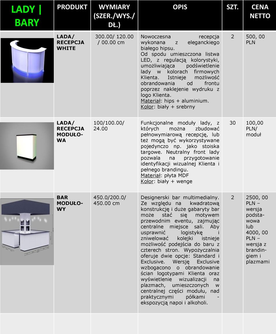 Istnieje możliwość obrandowania od frontu poprzez naklejenie wydruku z logo Klienta. Materiał: hips + aluminium. + srebrny 2 500, 00 LADA/ RECEPCJA MODUŁO- WA 100/100.00/ 24.