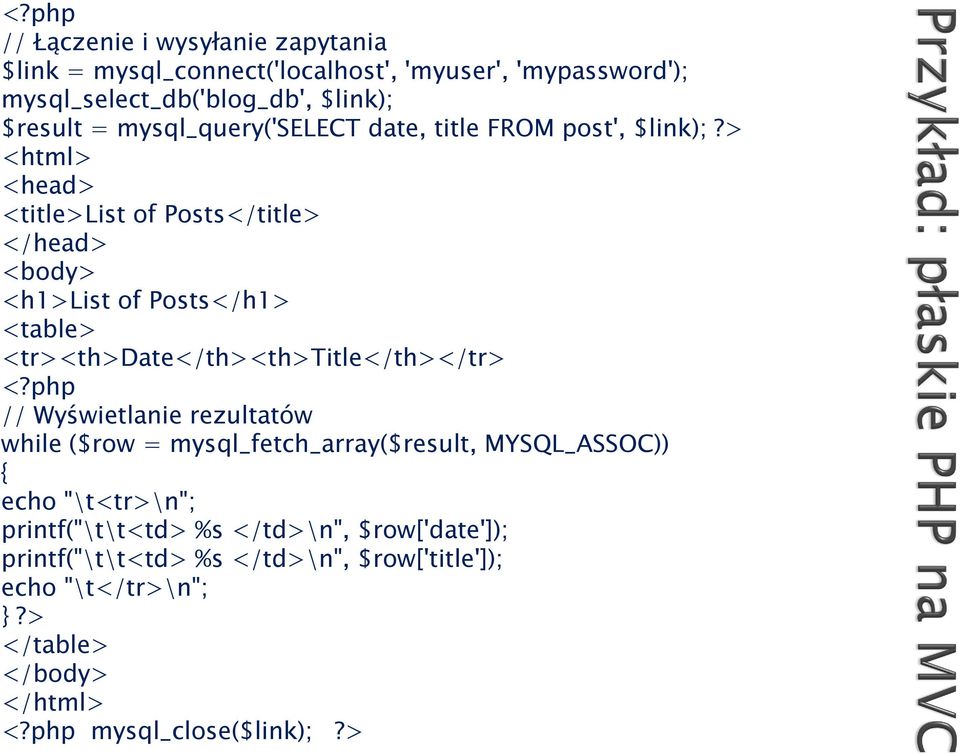 > <html> <head> <title>list of Posts</title> </head> <body> <h1>list of Posts</h1> <table> <tr><th>date</th><th>title</th></tr> <?