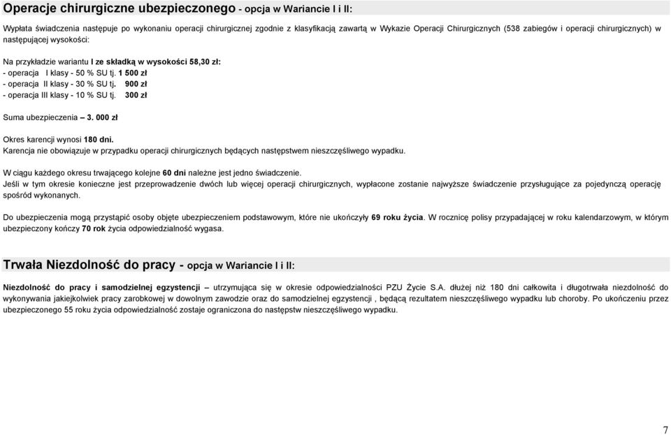 1 500 zł - operacja II klasy - 30 % SU tj. 900 zł - operacja III klasy - 10 % SU tj. 300 zł Suma ubezpieczenia 3. 000 zł Okres karencji wynosi 180 dni.