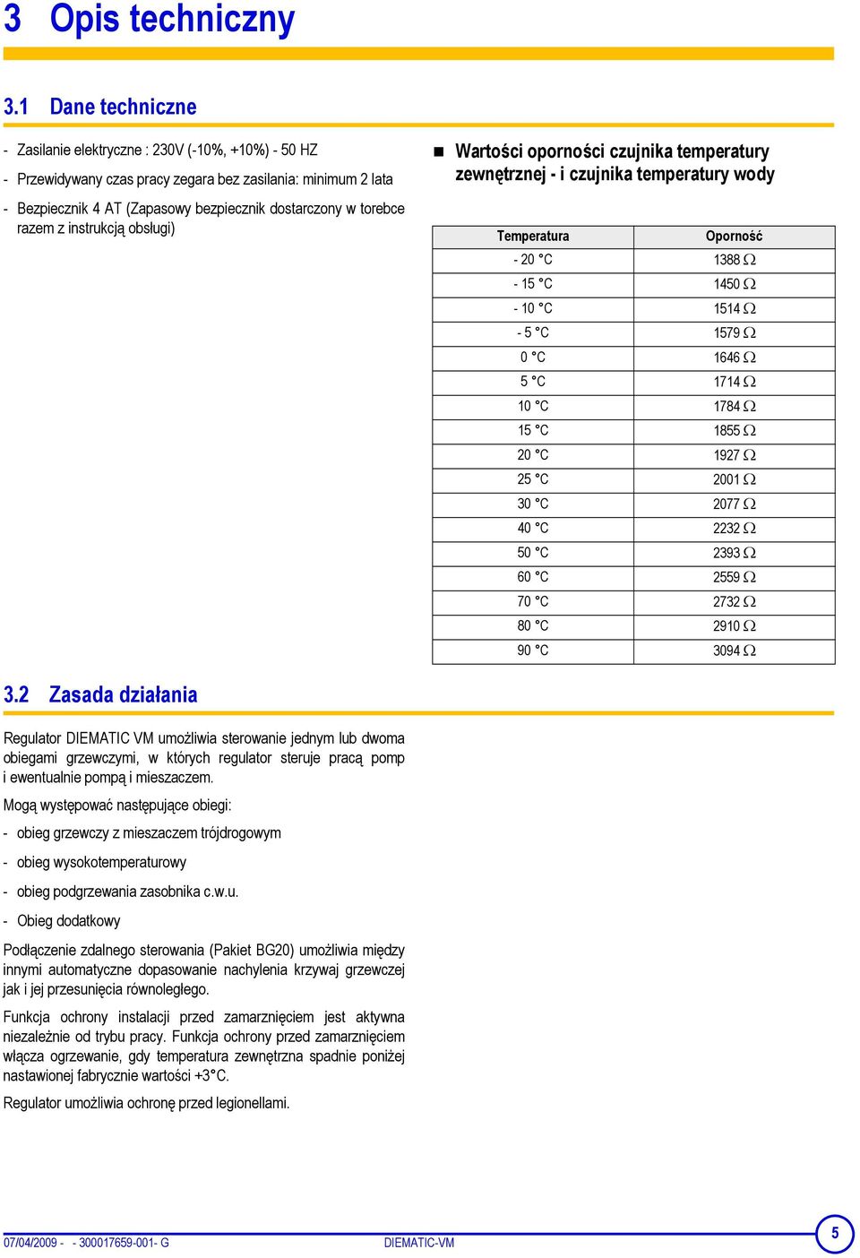 razem z instrukcją obsługi) Wartości oporności czujnika temperatury zewnętrznej - i czujnika temperatury wody Temperatura Oporność - 20 C 1388 Ω - 15 C 1450 Ω - 10 C 1514 Ω - 5 C 1579 Ω 0 C 1646 Ω 5