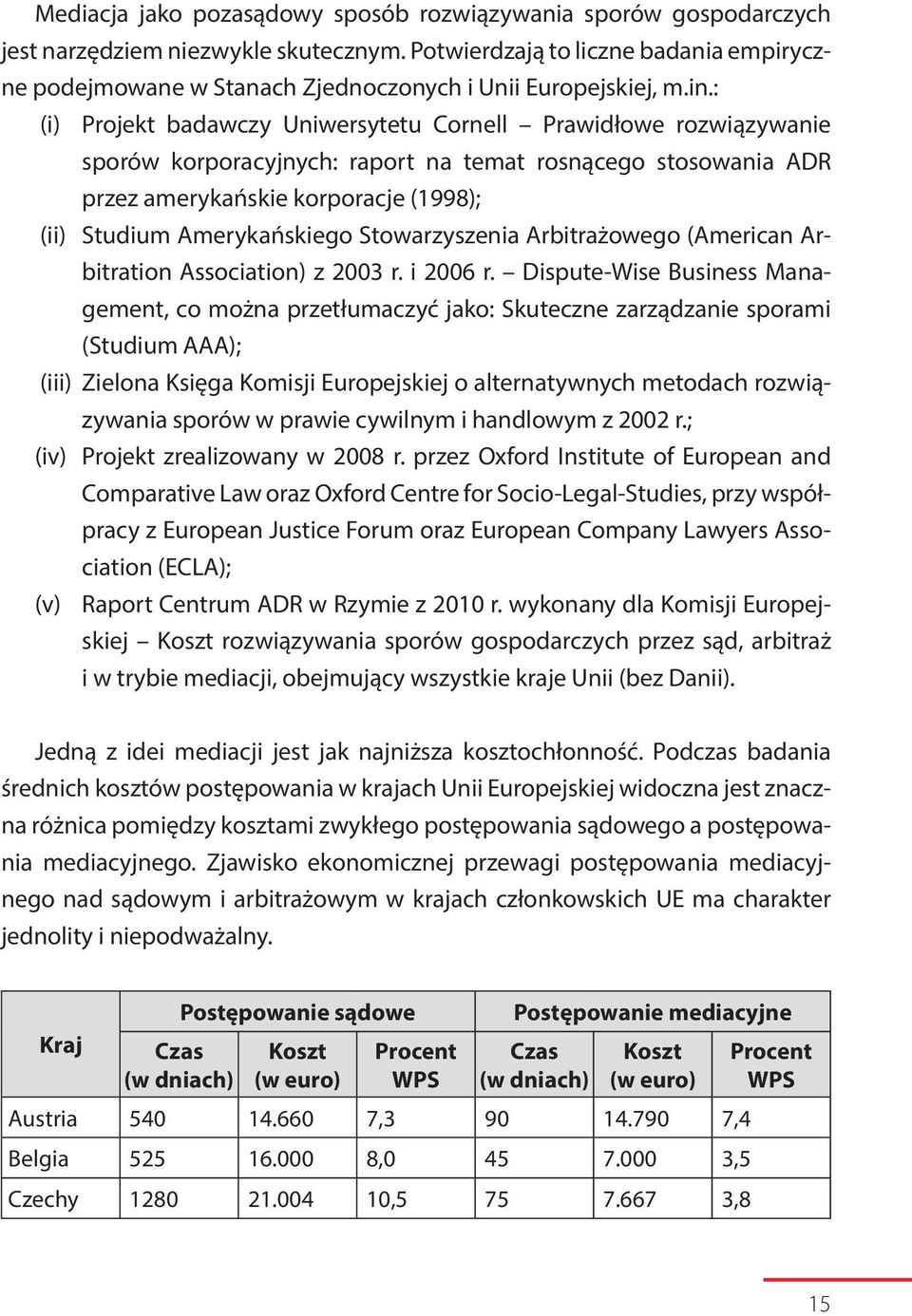 : (i) Projekt badawczy Uniwersytetu Cornell Prawidłowe rozwiązywanie sporów korporacyjnych: raport na temat rosnącego stosowania ADR przez amerykańskie korporacje (1998); (ii) Studium Amerykańskiego