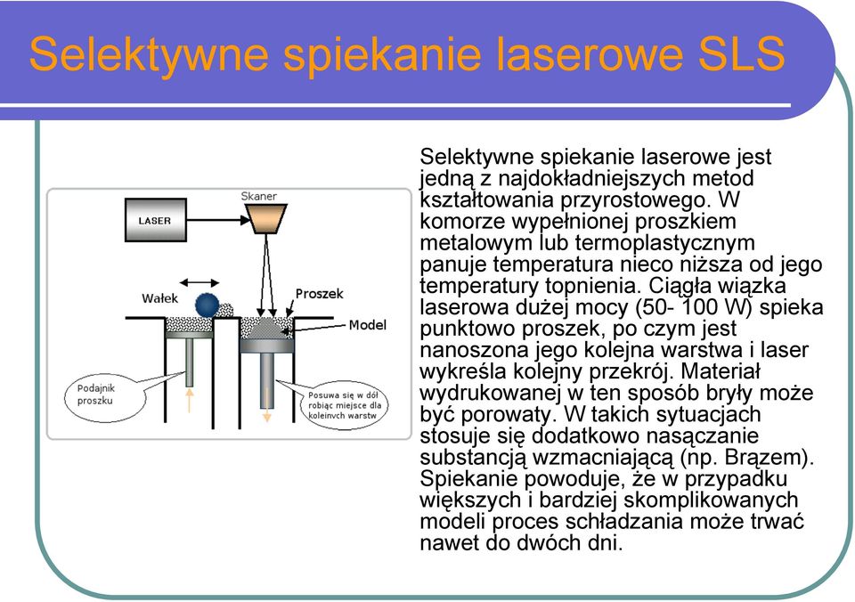 Ciągła wiązka laserowa dużej mocy (50-100 W) spieka punktowo proszek, po czym jest nanoszona jego kolejna warstwa i laser wykreśla kolejny przekrój.