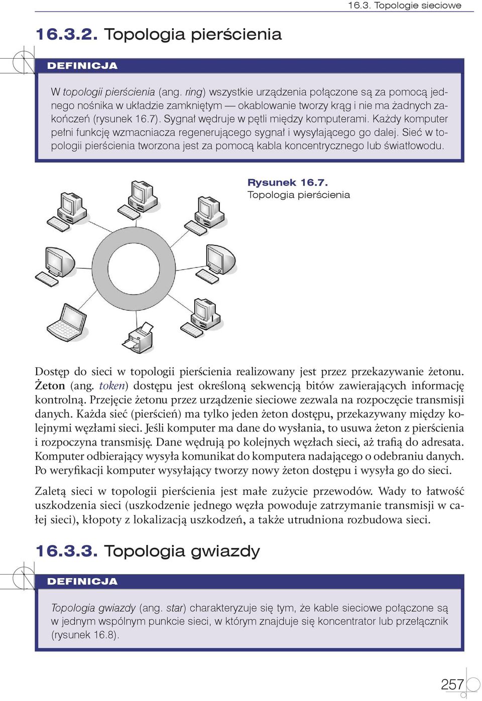 Każdy komputer pełni funkcję wzmacniacza regenerującego sygnał i wysyłającego go dalej. Sieć w topologii pierścienia tworzona jest za pomocą kabla koncentrycznego lub światłowodu. Rysunek 16.7.