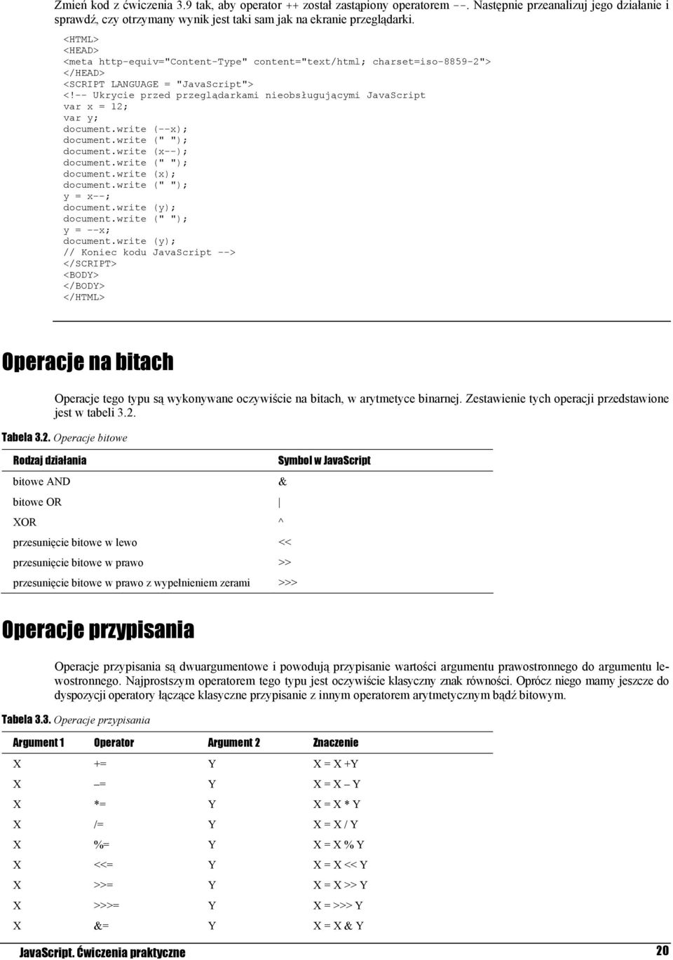 write (" "); y = --x; document.write (y); Operacje na bitach Operacje tego typu są wykonywane oczywiście na bitach, w arytmetyce binarnej. Zestawienie tych operacji przedstawione jest w tabeli 3.2.