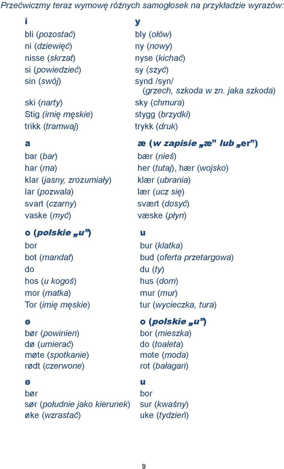 (spotkanie) rødt (czerwone) ø bør sør (południe jako kierunek) øke (wzrastać) y bly (ołów) ny (nowy) nyse (kichać) sy (szyć) synd /syn/ (grzech, szkoda w zn.