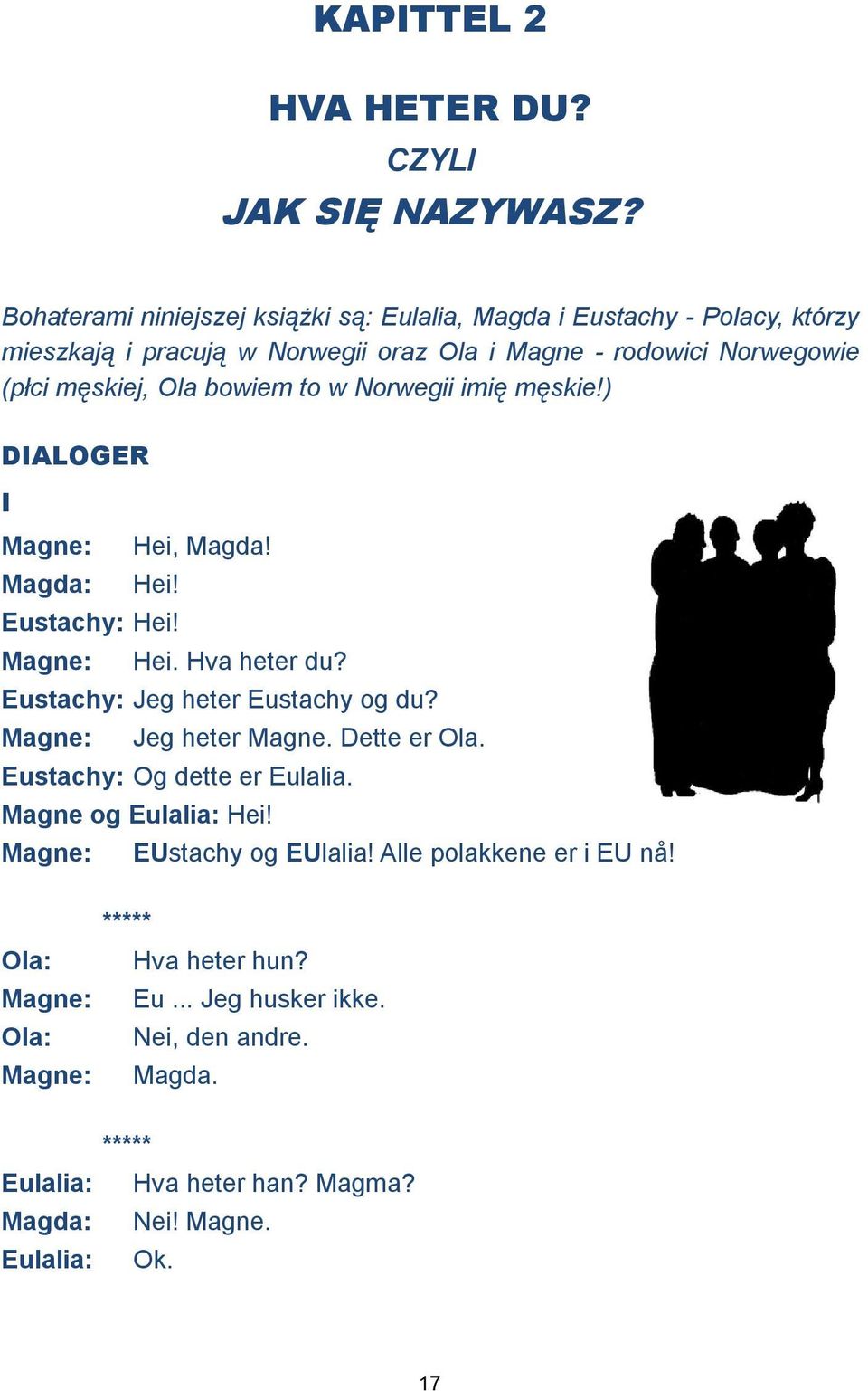 bowiem to w Norwegii imię męskie!) DIALOGER I Magne: Hei, Magda! Magda: Hei! Eustachy: Hei! Magne: Hei. Hva heter du? Eustachy: Jeg heter Eustachy og du?