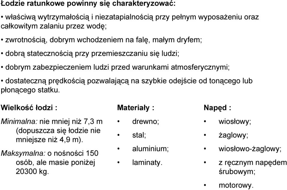 pozwalającą na szybkie odejście od tonącego lub płonącego statku. Wielkość łodzi : Minimalna: nie mniej niż 7,3 m (dopuszcza się łodzie nie mniejsze niż 4,9 m).