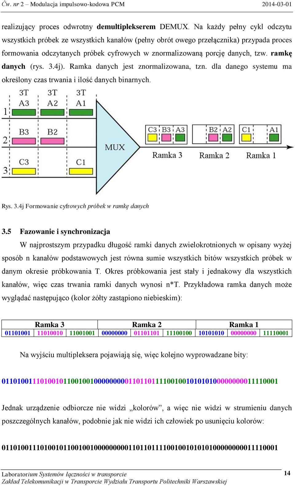 ramkę danych (rys. 3.4j). Ramka danych jest znormalizowana, tzn. dla danego systemu ma określony czas trwania i ilość danych binarnych. Rys. 3.4j Formowanie cyfrowych próbek w ramkę danych 3.