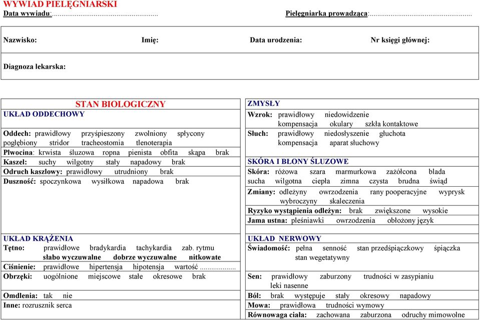 tlenoterapia Plwocina: krwista śluzowa ropna pienista obfita skąpa brak Kaszel: suchy wilgotny stały napadowy brak Odruch kaszlowy: prawidłowy utrudniony brak Duszność: spoczynkowa wysiłkowa napadowa