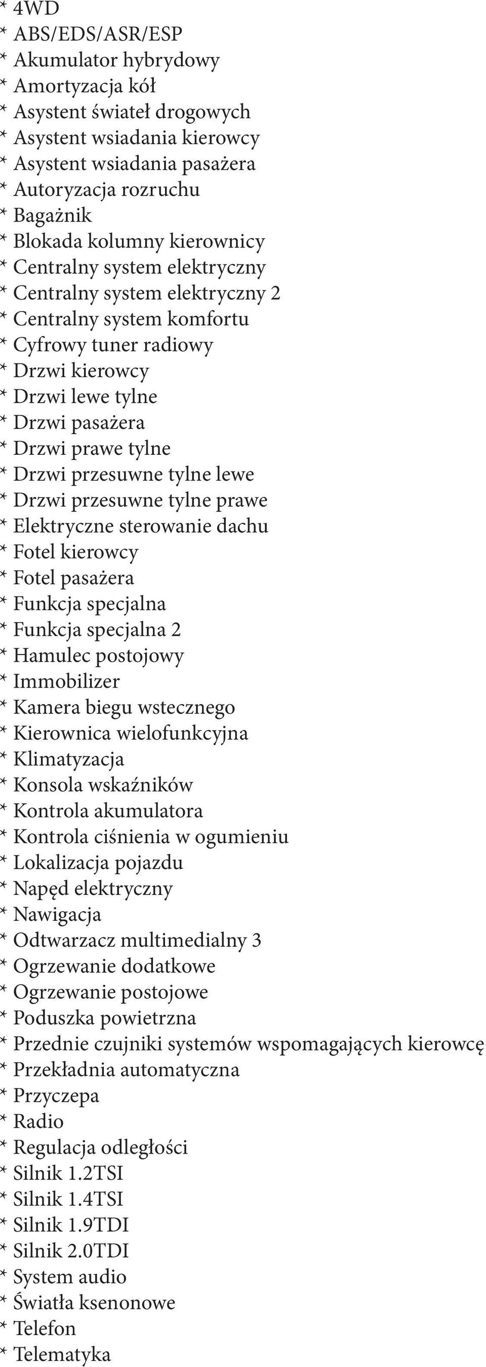 prawe tylne * Drzwi przesuwne tylne lewe * Drzwi przesuwne tylne prawe * Elektryczne sterowanie dachu * Fotel kierowcy * Fotel pasażera * Funkcja specjalna * Funkcja specjalna 2 * Hamulec postojowy *