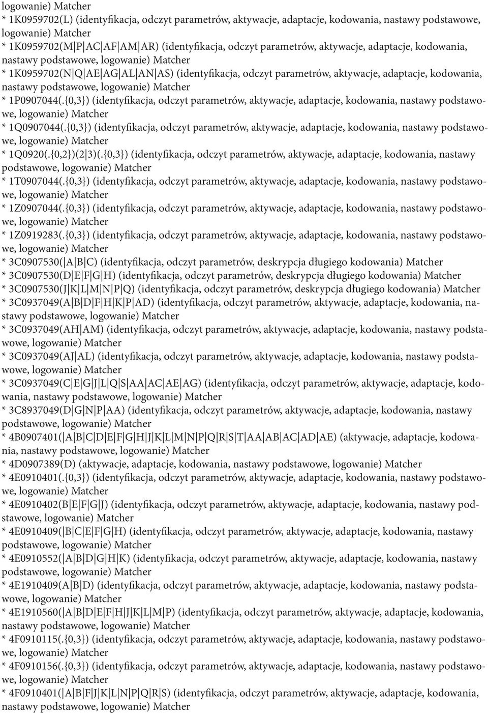 {0,3}) (identyfikacja, odczyt parametrów, aktywacje, adaptacje, kodowania, nastawy podstawowe, logowanie) * 1Q0907044(.
