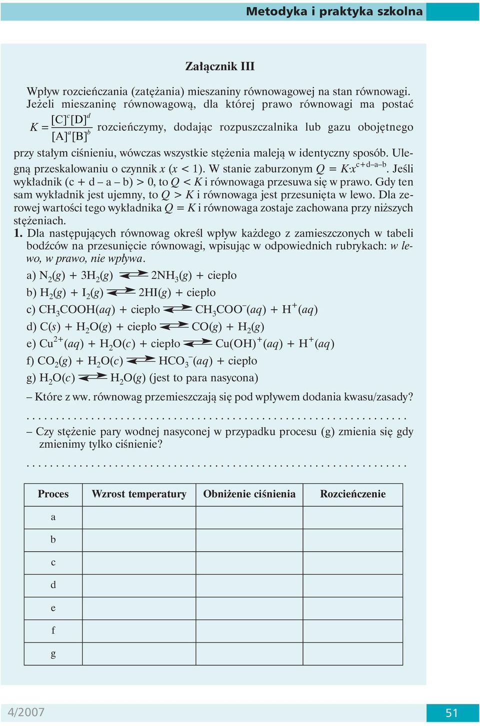 stężenia maleją w identyczny sposób. Ulegną przeskalowaniu o czynnik x (x < 1). W stanie zaburzonym Q = K x c+d a b. Jeśli wykładnik (c + d a b) > 0, to Q < K i równowaga przesuwa się w prawo.