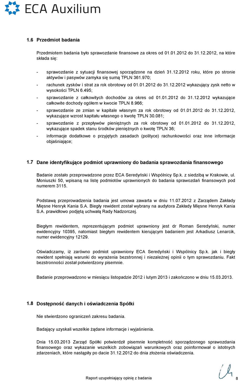 495; sprawozdanie z całkowitych dochodów za okres od 01.01.2012 do 31.12.2012 wykazujące całkowite dochody ogółem w kwocie 8.966; sprawozdanie ze zmian w kapitale własnym za rok obrotowy od 01.01.2012 do 31.12.2012, wykazujące wzrost kapitału własnego o kwotę 30.
