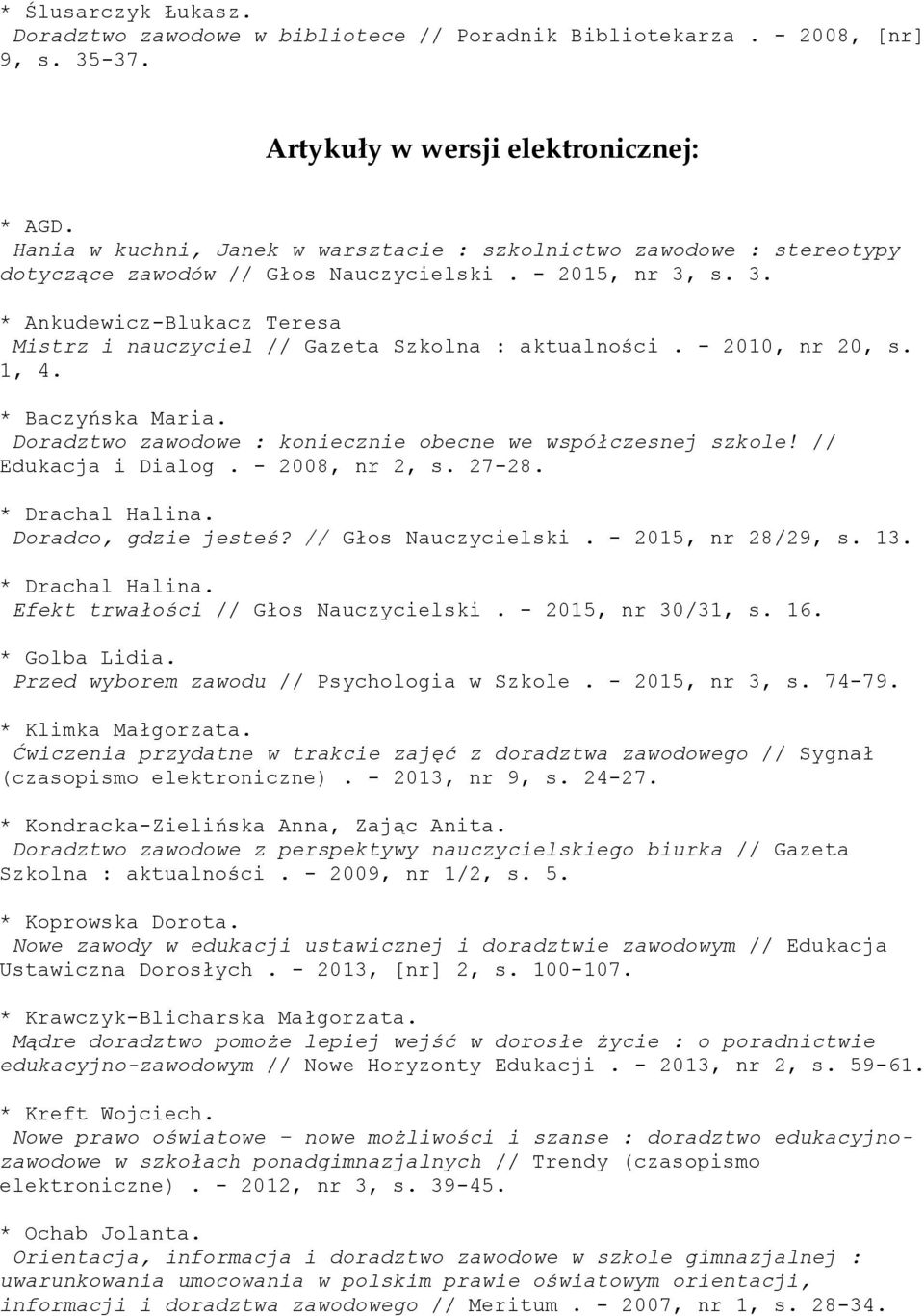 s. 3. * Ankudewicz-Blukacz Teresa Mistrz i nauczyciel // Gazeta Szkolna : aktualności. - 2010, nr 20, s. 1, 4. * Baczyńska Maria. Doradztwo zawodowe : koniecznie obecne we współczesnej szkole!