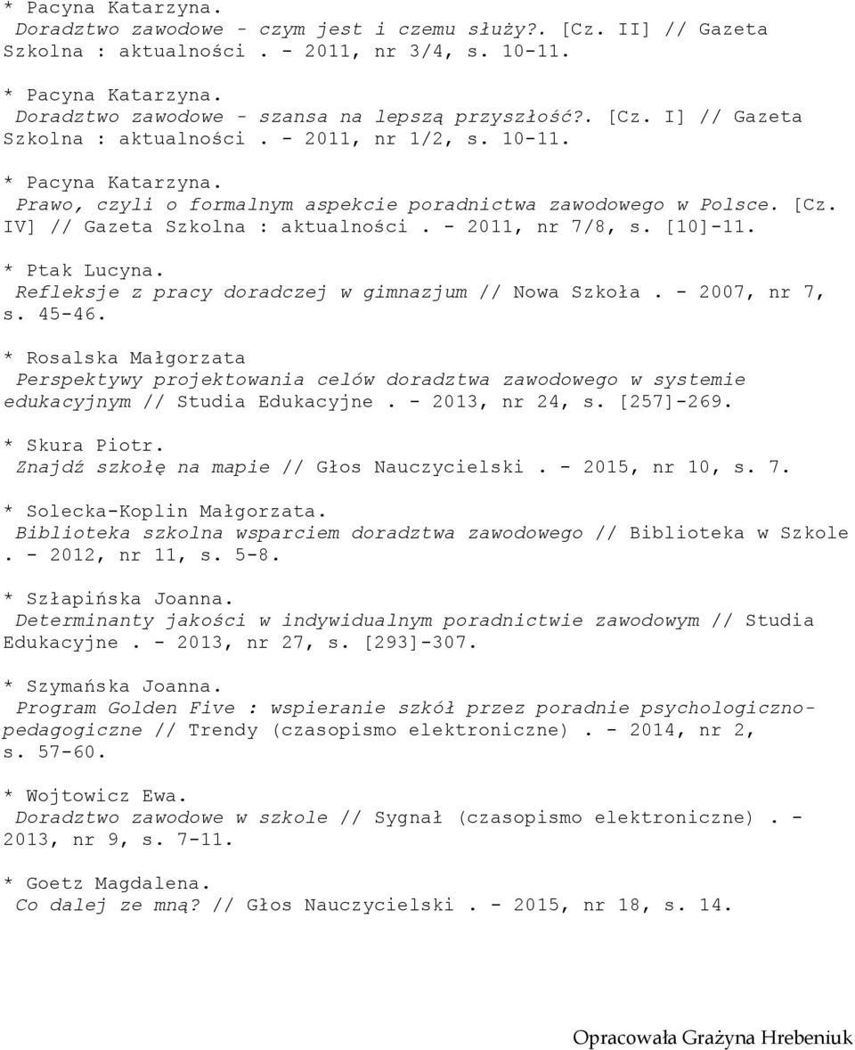 Refleksje z pracy doradczej w gimnazjum // Nowa Szkoła. - 2007, nr 7, s. 45-46. * Rosalska Małgorzata Perspektywy projektowania celów doradztwa zawodowego w systemie edukacyjnym // Studia Edukacyjne.