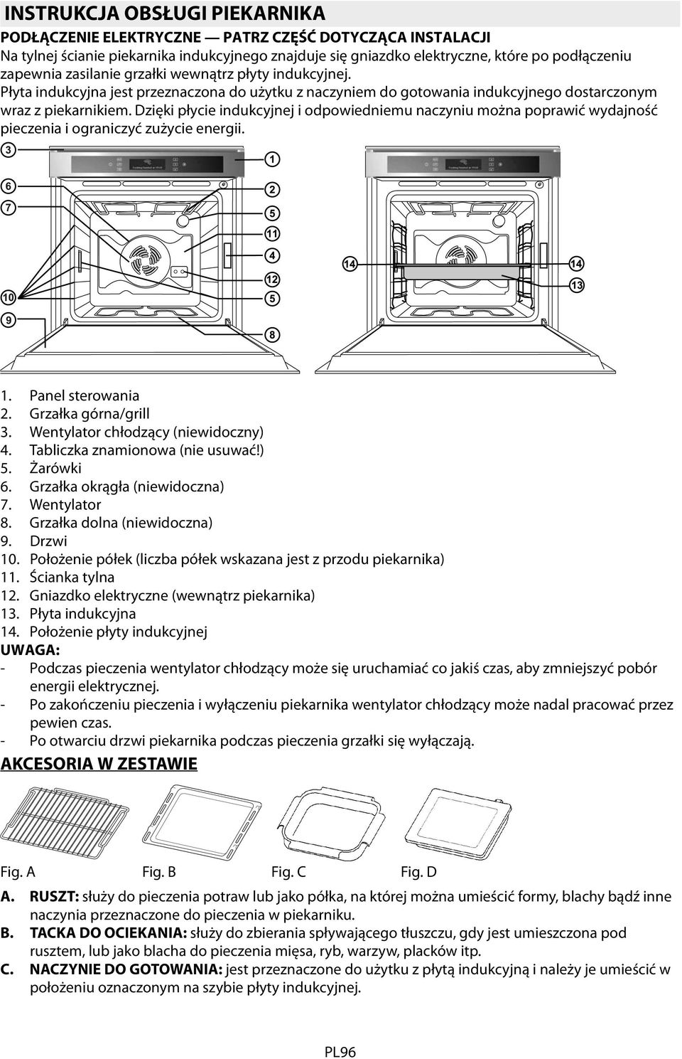 Dzięki płycie indukcyjnej i odpowiedniemu naczyniu można poprawić wydajność pieczenia i ograniczyć zużycie energii. 1. Panel sterowania 2. Grzałka górna/grill 3. Wentylator chłodzący (niewidoczny) 4.