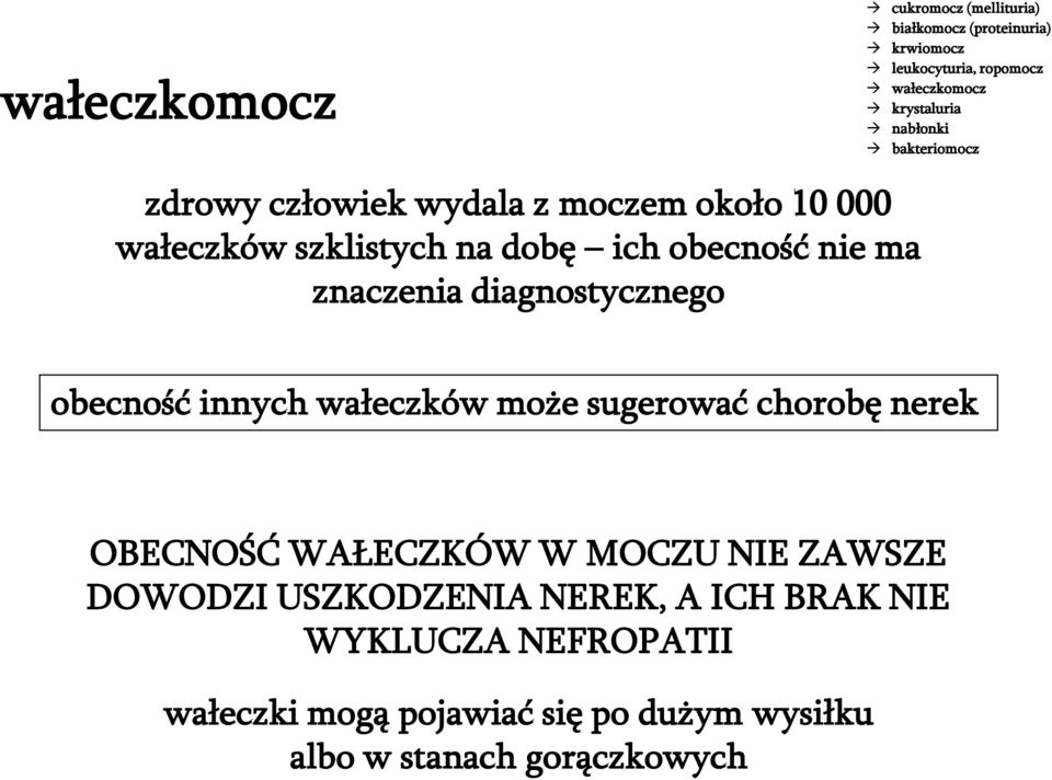 znaczenia diagnostycznego obecność innych wałeczków może sugerować chorobę nerek OBECNOŚĆ WAŁECZKÓW W MOCZU NIE ZAWSZE