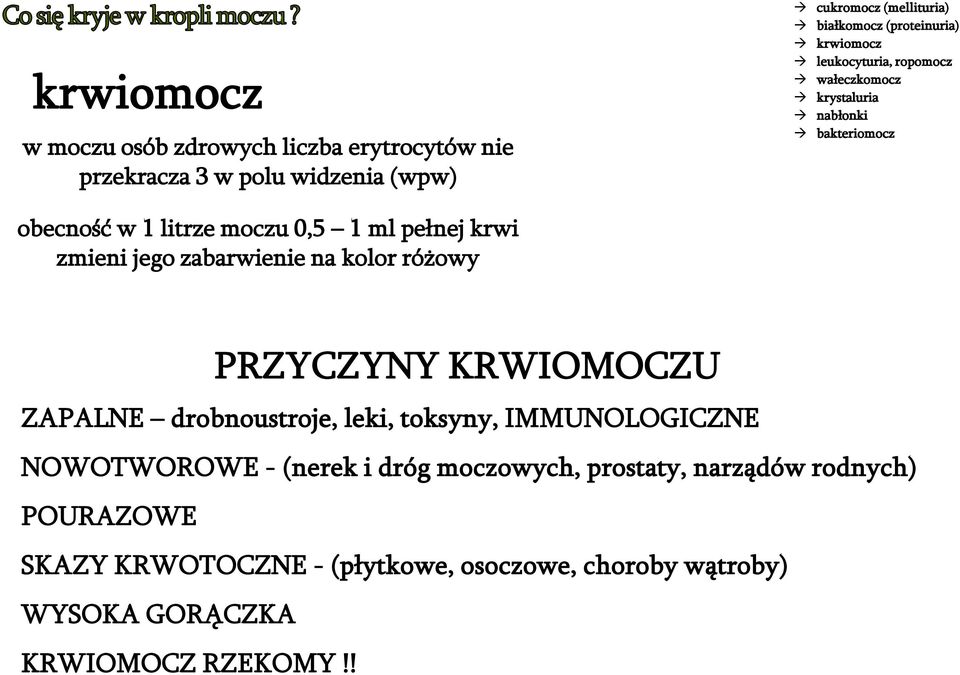 krwi zmieni jego zabarwienie na kolor różowy PRZYCZYNY KRWIOMOCZU ZAPALNE drobnoustroje, leki, toksyny, IMMUNOLOGICZNE NOWOTWOROWE -